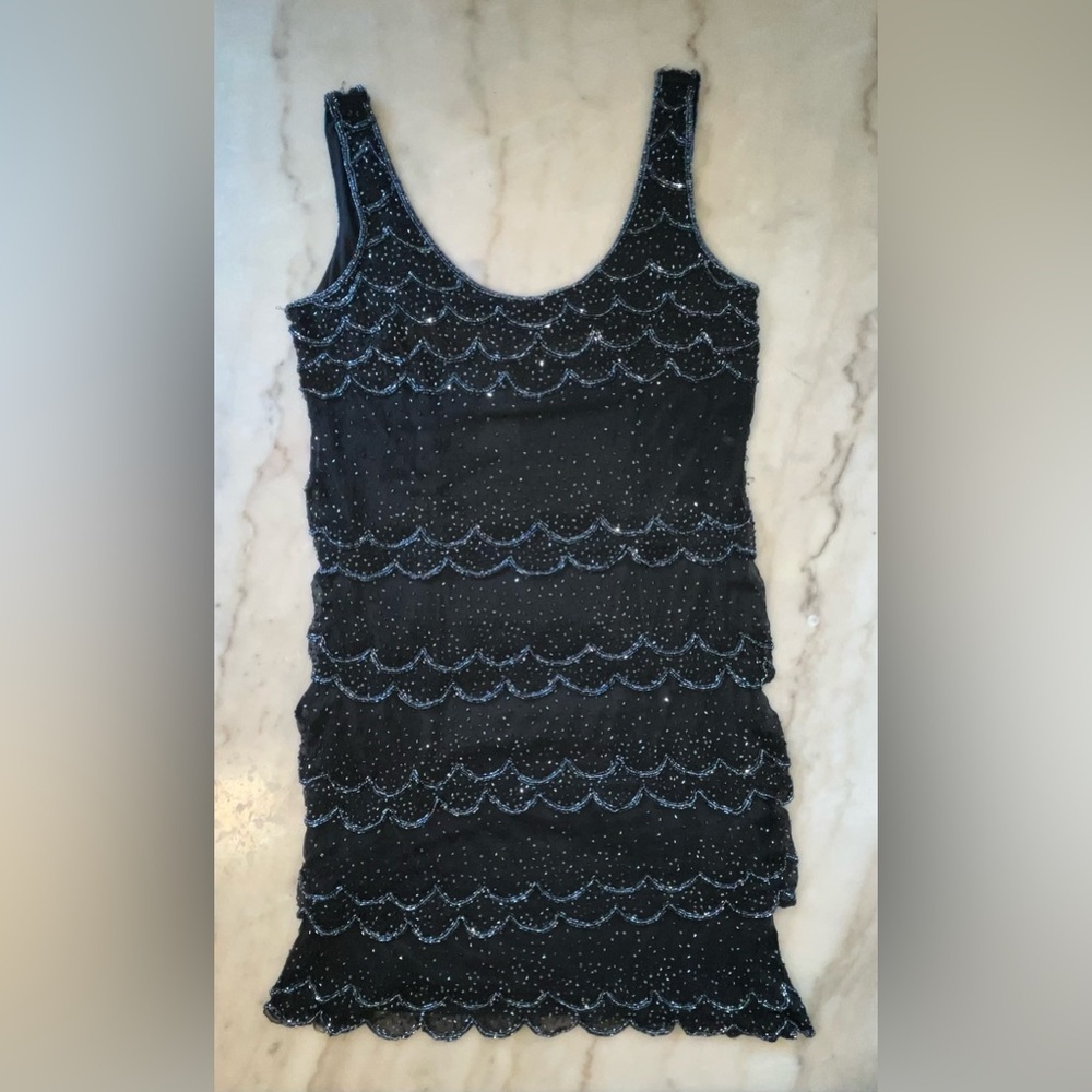 Vintage Patra Black Silk Sequin Beaded Scalloped Tiered Dress Size 14
